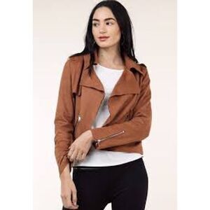 Papaya Camel Brown Faux Suede Moto Jacket Cropped Zip-Up Biker Style size Medium
